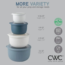 Stacked ribbed meal prep containers with lids in white and blue-gray