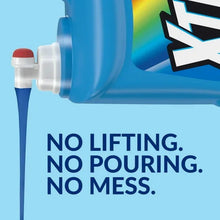 Laundry detergent jug with pump sprayer and text: no lifting, no pouring, no mess