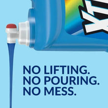 Liquid detergent jug with nozzle and 'no lifting, no pouring, no mess' text
