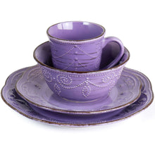 Purple stoneware cup with handle on saucer and plate, embossed swirl trim