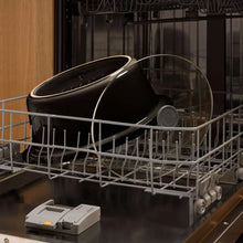 Mussel gray slow cooker in a dishwasher rack with cup supports visible