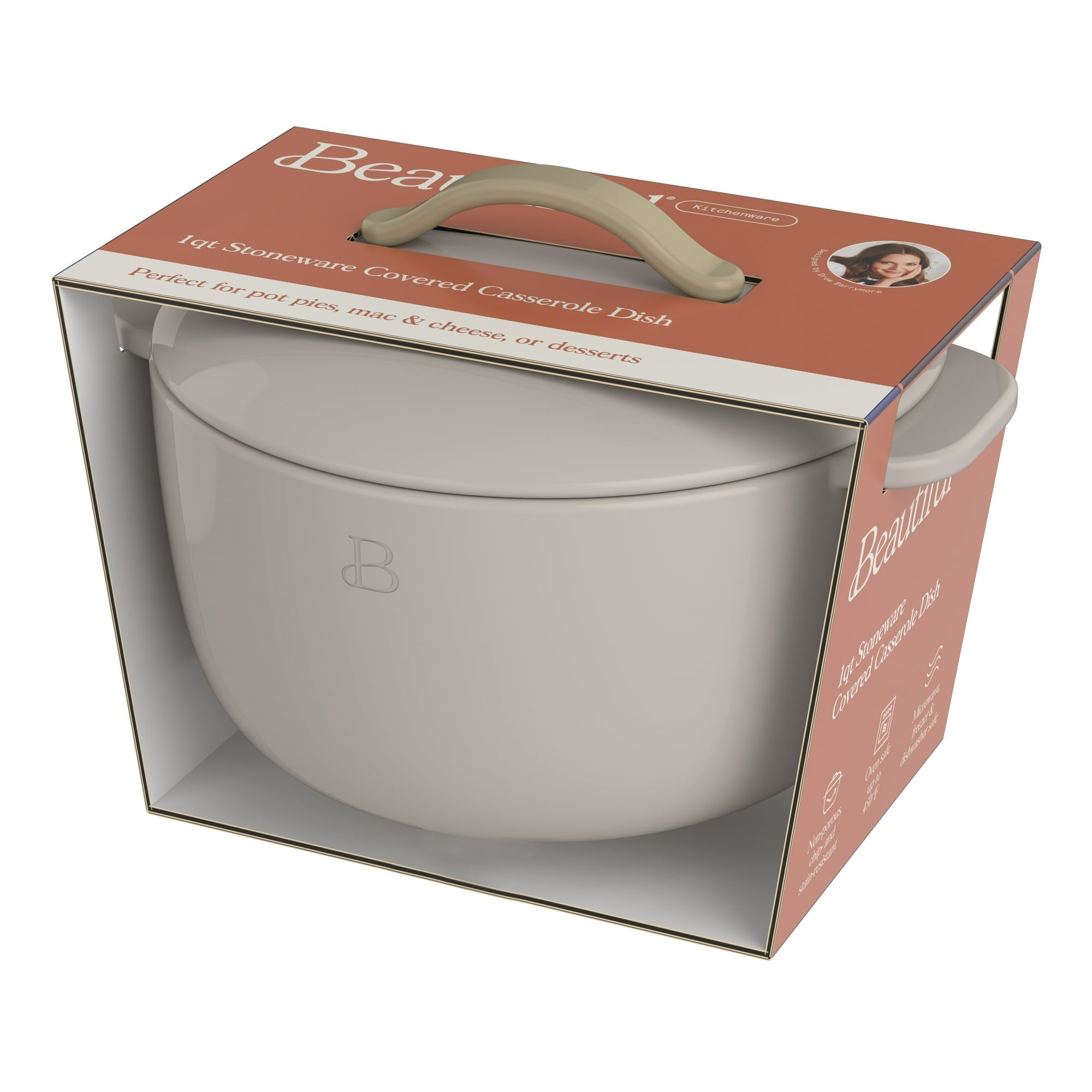 Beautiful 1 QT Stoneware Covered Casserole Dish, Porcini Taupe by Drew Barrymore