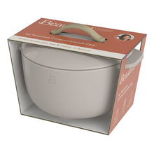 Porcini taupe covered stoneware casserole dish shown in retail box packaging