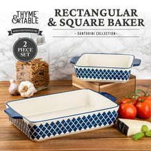 Rectangular and square stoneware bakers with blue pattern and side handles