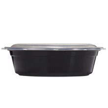 Round 1L meal prep container with snap-on lid, black body and clear gray rim.