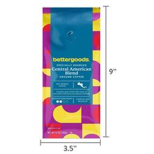 Ground coffee bag front label with size marks: 3.5 in wide, 9 in tall