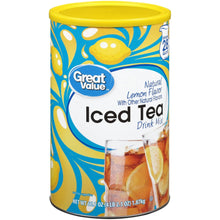 Great Value natural lemon flavor iced tea drink mix can with yellow lid and tea-glass