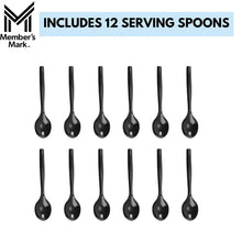 Twelve black plastic serving spoons arranged in two rows