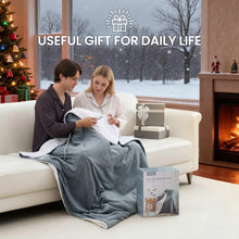 Gray electric throw blanket with white sherpa trim, wrapped around a seated person.