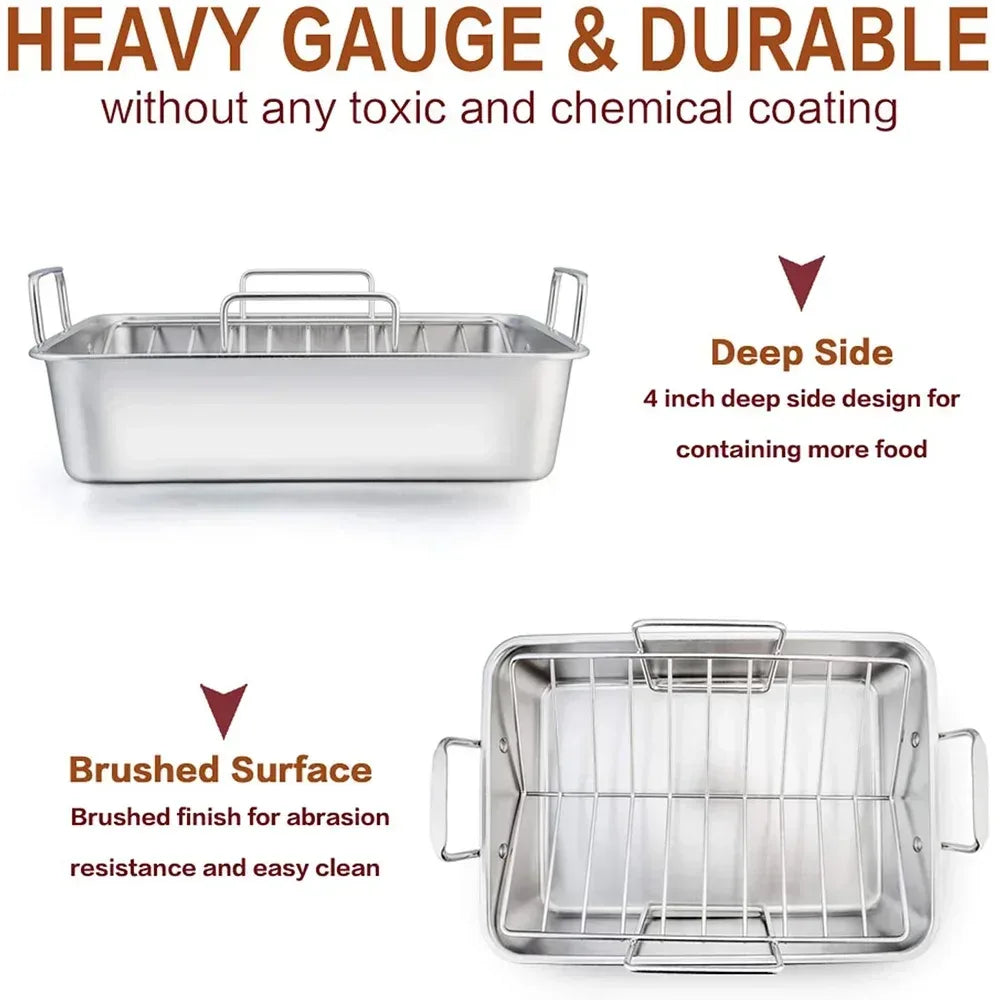 VeSteel 16'' x 11.5'' Roasting Pan with Rack, Stainless Steel Turkey Roaster Include Deep Lasagna Pan & V-Shaped Rack & Roasting Rack, Heavy Duty & Dishwasher Safe - USA MEGA SHOP