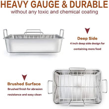 Stainless steel roasting pan with deep 4-inch sides and brushed surface