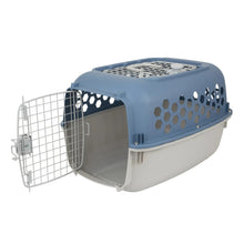 Blue plastic pet carrier kennel with open side door, hex ventilation panel, and top grille.