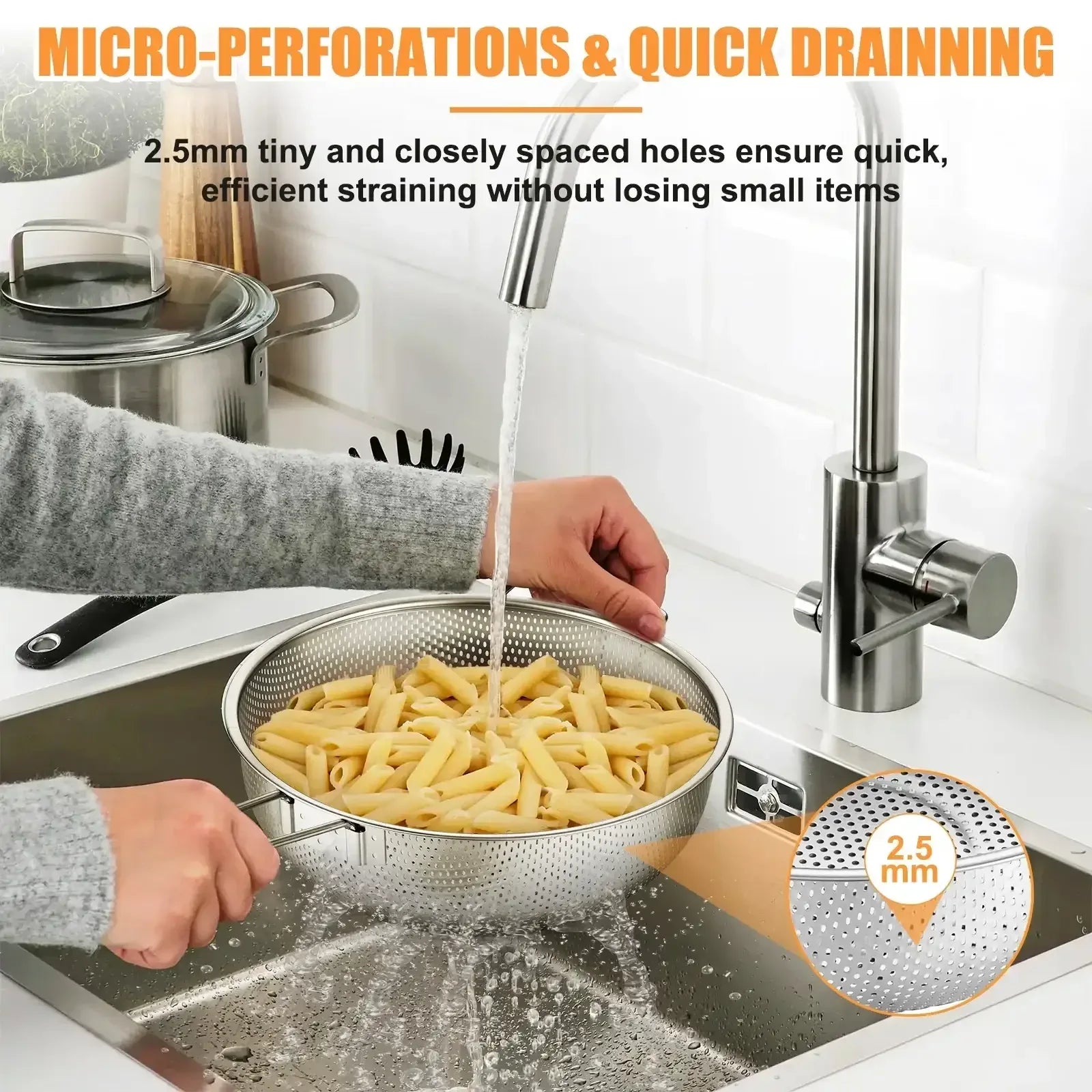 VeSteel Colander Set of 3, Stainless Steel Micro-Perforated Colanders Strainers for Draining Rinsing Washing, Ideal for Pasta Vegetables Fruits, Heavy Duty & Dishwasher Safe - USA MEGA SHOP