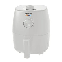 White air fryer with front handle, round control dial, and power/heating indicators