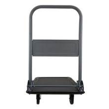 Rolling utility cart with gray frame and dark shelf deck on caster wheels