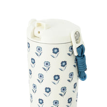Stainless steel water bottle with blue paracord handle, white lid and blue floral print