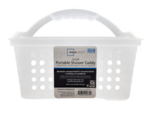 Small portable shower caddy, frosted white plastic basket with handle and label