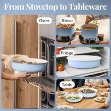 Light blue ceramic pots and lids used for stove cooking and table serving