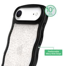 Wavy grip phone case for iPhone Air, black frame with glittery back and raised camera cutouts