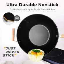 Black nonstick wok pan with wooden handle and smooth interior cooking surface