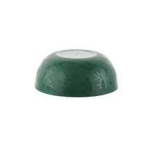 Green plastic bowl turned upside down, etched holly motif