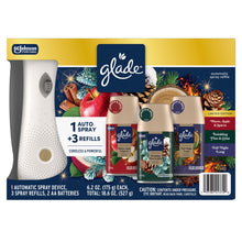 Glade automatic spray air freshener set with white dispenser and three holiday-scent refills