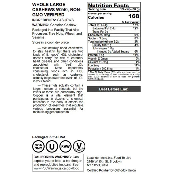 Cashew Nuts, 1 Pound – Non-GMO Verified, Large Size W240, Unsalted, Kosher