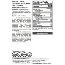 Cashew nuts package nutrition and warning panel, back side view