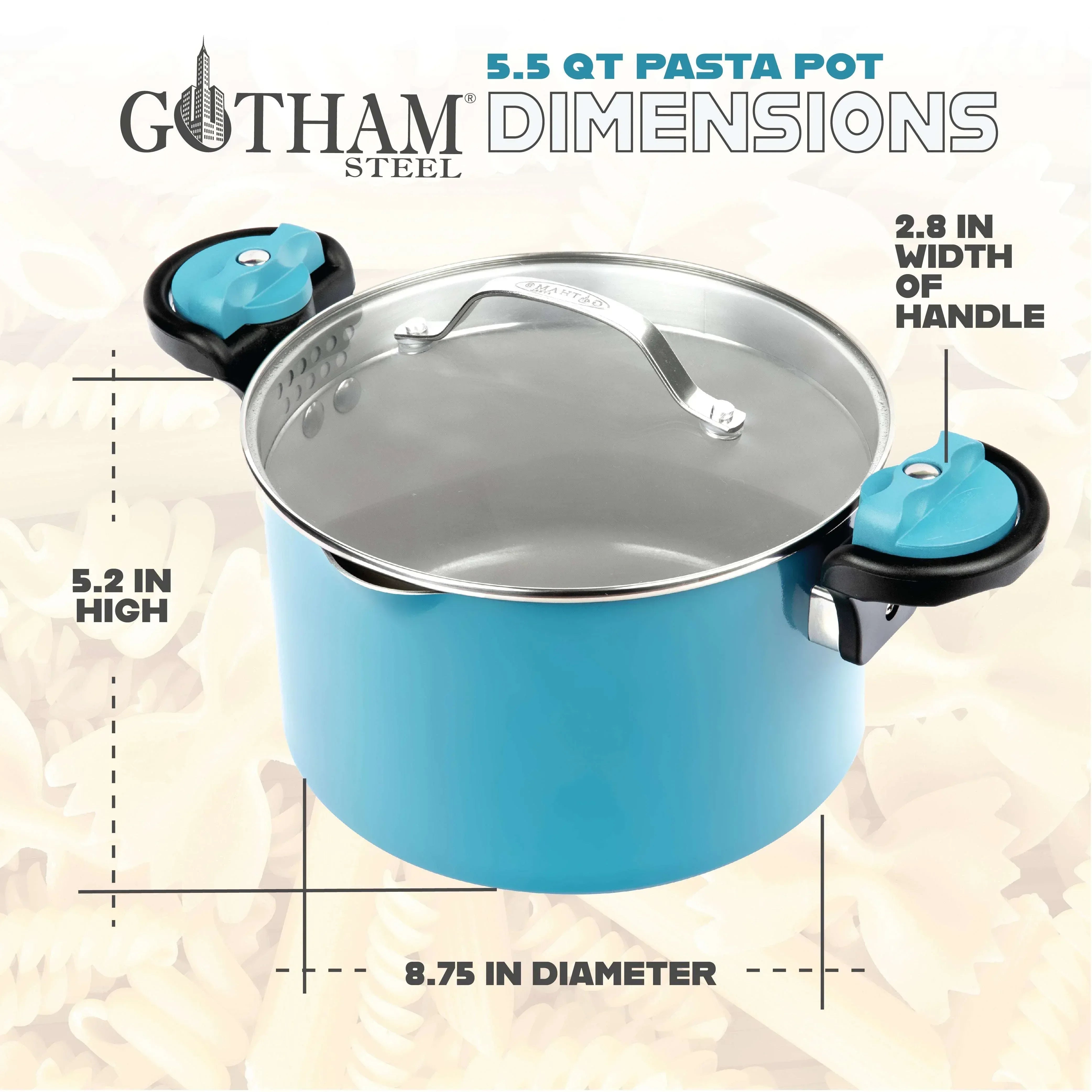 Gotham Steel 5 Qt Nonstick Pasta Pot with Strainer Lid & Twist and Lock Handles, Multipurpose Stock Pot, Dishwasher Safe, Aqua Blue