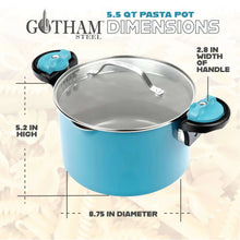 Aqua blue pasta pot with stainless lid and twist-lock handles, front view