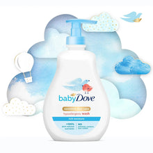 Baby Dove hypoallergenic wash bottle with blue pump and water-cloud background