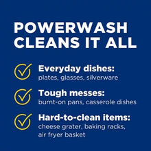 Dish soap powerwash promotional graphic for everyday dishes, tough messes, and hard-to-clean items