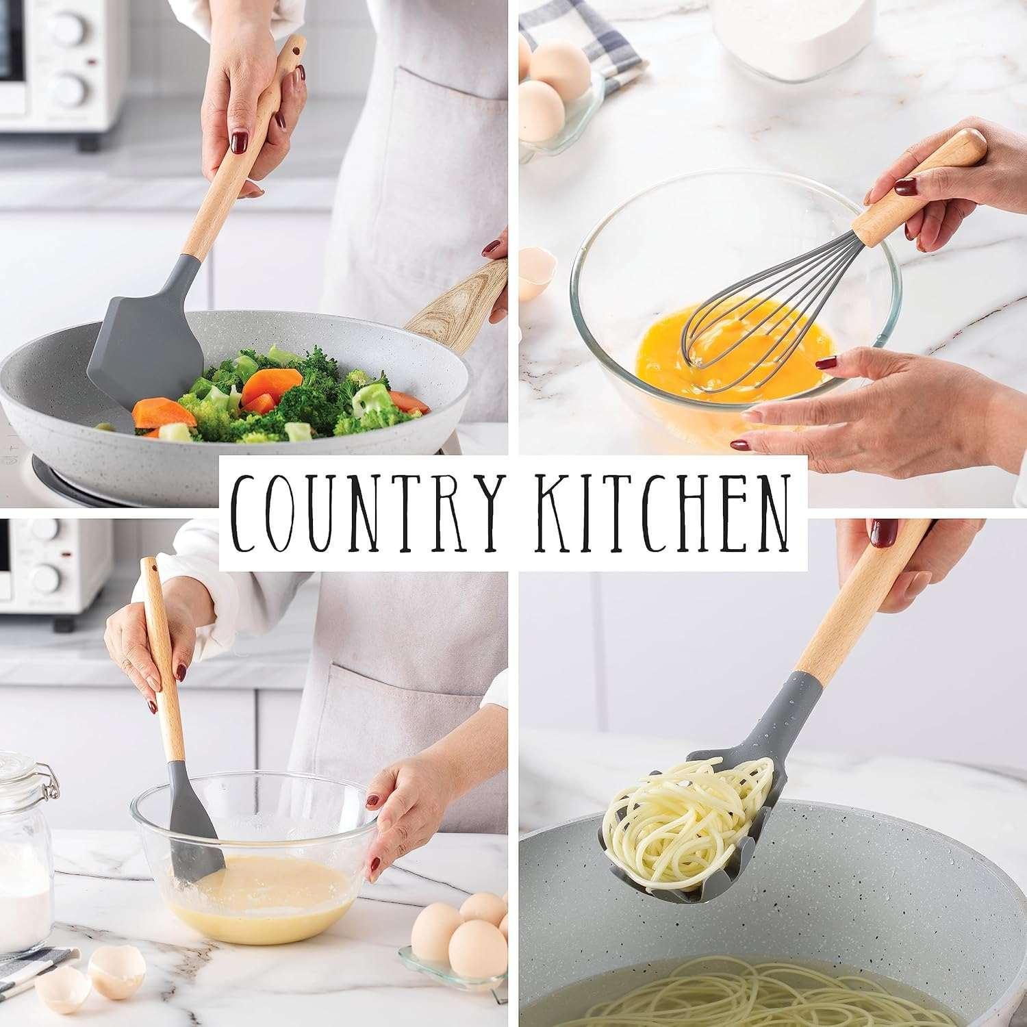 Country Kitchen 8-Pc Cooking Utensils Set Silicone Spatula & Kitchen Gadgets, Green