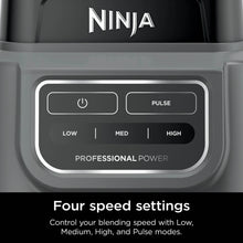 Dark gray blender base with control panel buttons for power, pulse, and speed levels