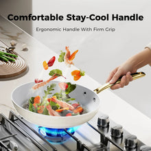 Ceramic nonstick frying pan with gold stay-cool handle and grey interior