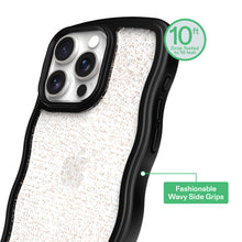 Wavy grip phone case with glitter back, black bumper, and raised edges around cameras