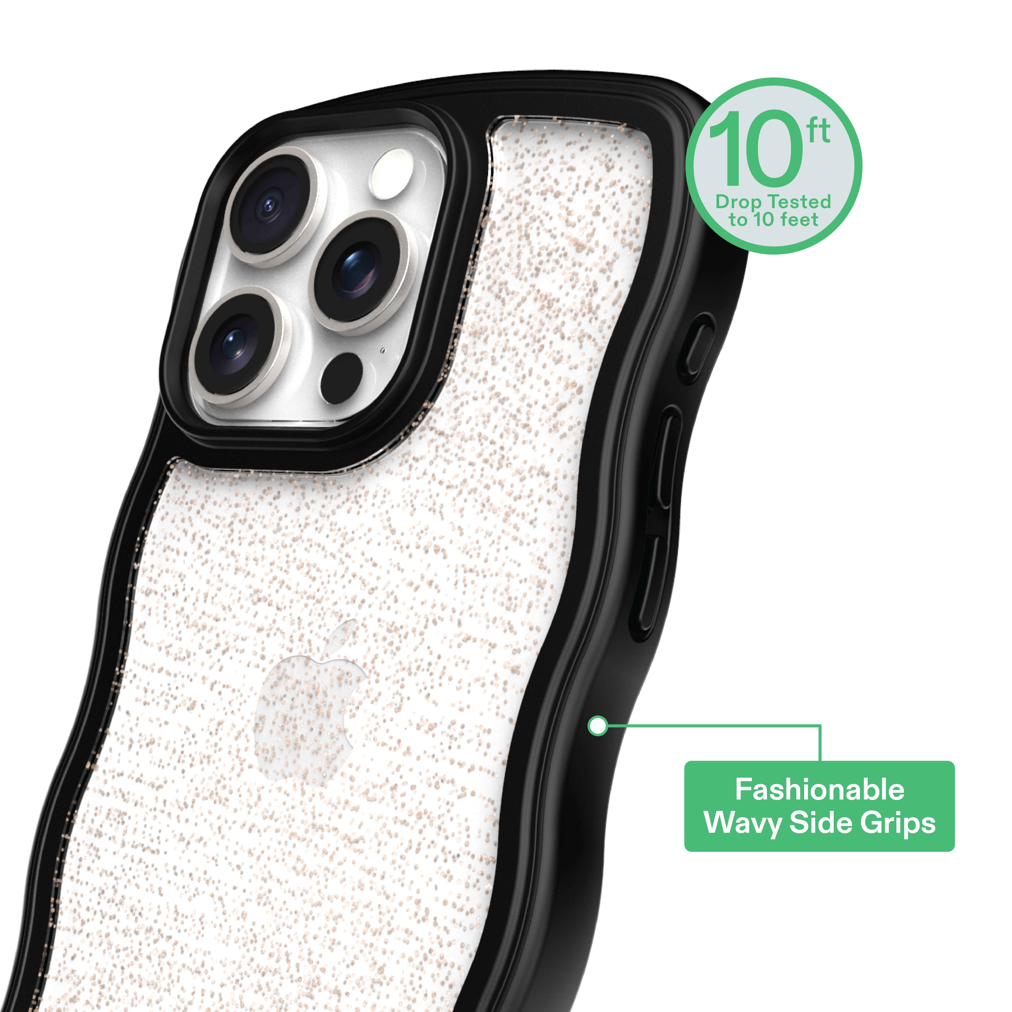 onn Wavy Grip Phone Case for iPhone 15 Pro Max - Black/Gold Glitter