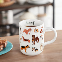 White stoneware dog mug with 'Woof' and mixed breed puppy illustrations