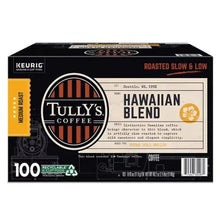 Tully's Hawaiian Blend K-Cup box, 100 count, medium roast coffee, black and gold.