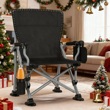 Black folding camping chair with cup holder, side pocket, and aluminum frame
