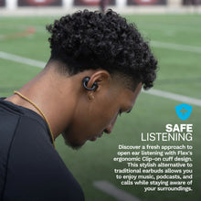 Black open-ear clip earbuds worn on the ear with curved hook, side profile
