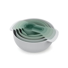 Stackable measuring cups and mixing bowls, sage green with gray lids