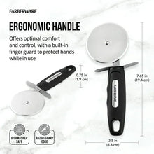 Stainless steel pizza cutter with ergonomic black handle and safety finger guard