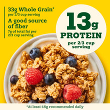 Granola in a bowl with blueberries and raspberries, 13g protein per 2/3 cup serving graphic.