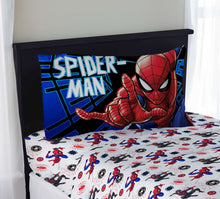 Spider-Man kids twin sheet set on bed with patterned microfiber sheet and pillowcase