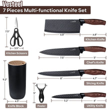 7-piece kitchen knife set diagram with scissors, peeler, knife block, and handle styles