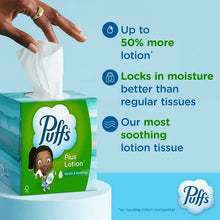 Puffs Plus Lotion facial tissue box dispensing tissues, green package