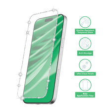 Tempered glass screen protector with glitter frame and rounded cutouts along phone side