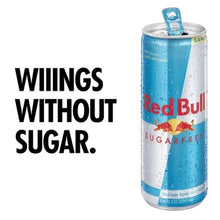 Red Bull Sugar-Free energy drink can with 'Wings without sugar' text, blue-and-white