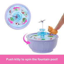 Light purple fountain pool with spinning water, cat figure, and round water wheel